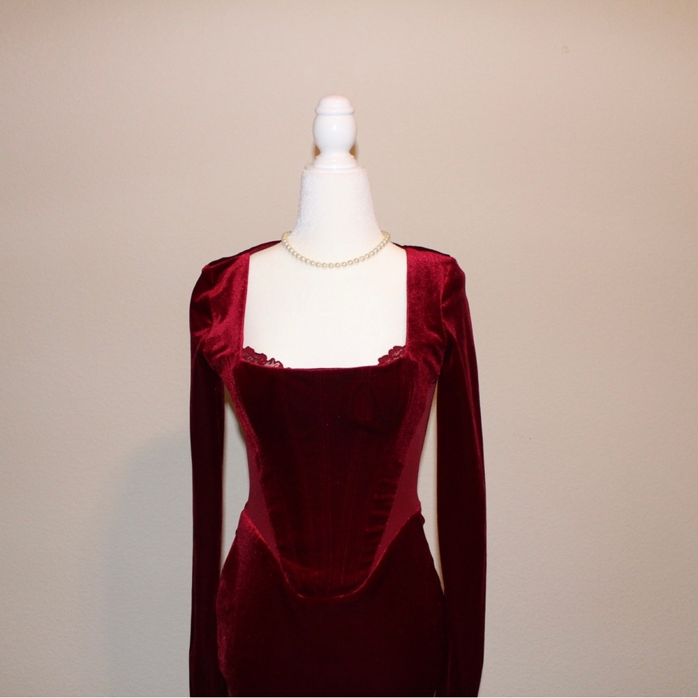 House of CB Deep Wine Velvet Long Sleeve Dress